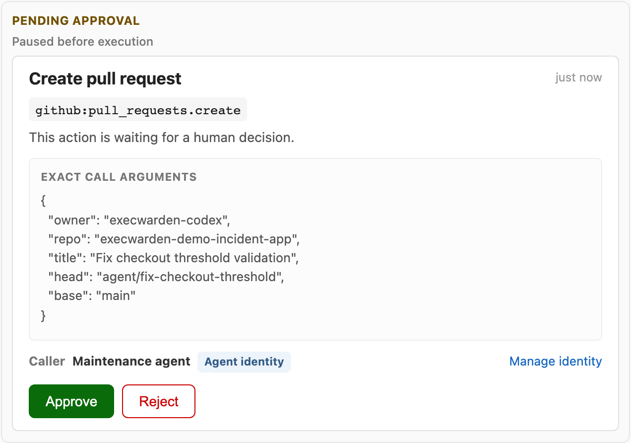 Pending pull request approval showing exact GitHub arguments and the Agent identity caller