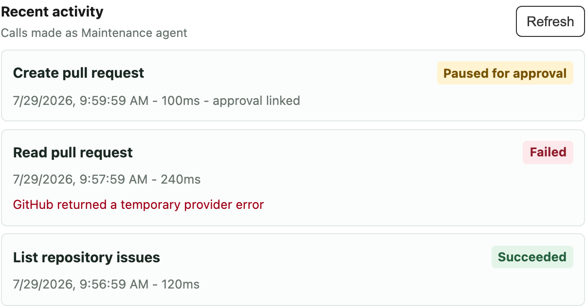 Recent activity for the Maintenance agent showing successful, failed, and approval-paused GitHub calls