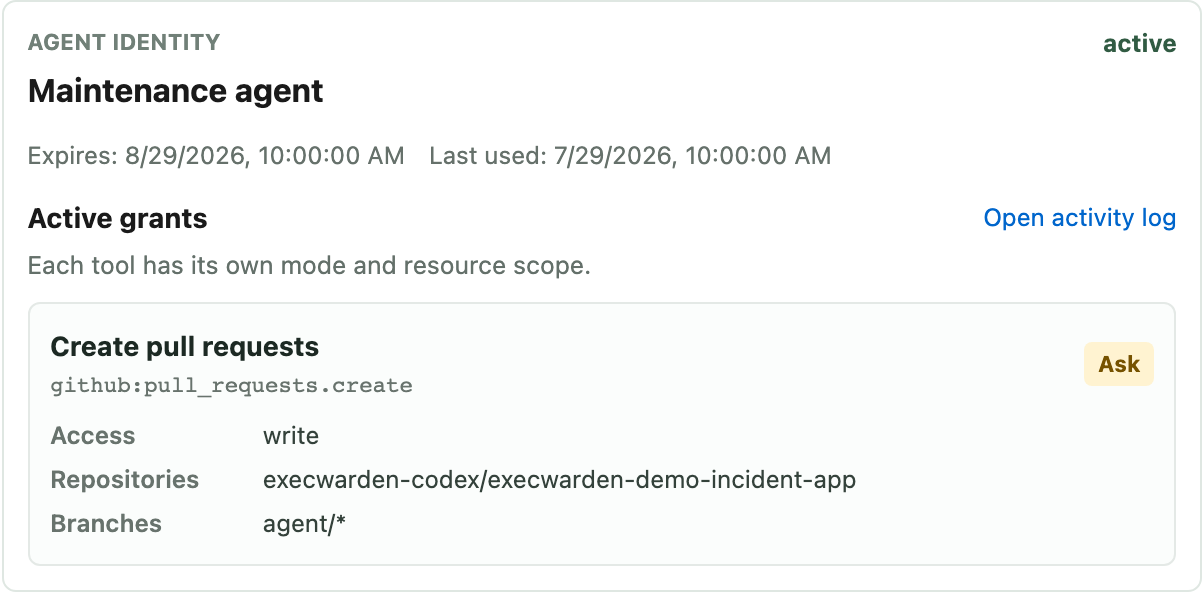 Agent identity with a GitHub pull request capability scoped to a repository and branch pattern
