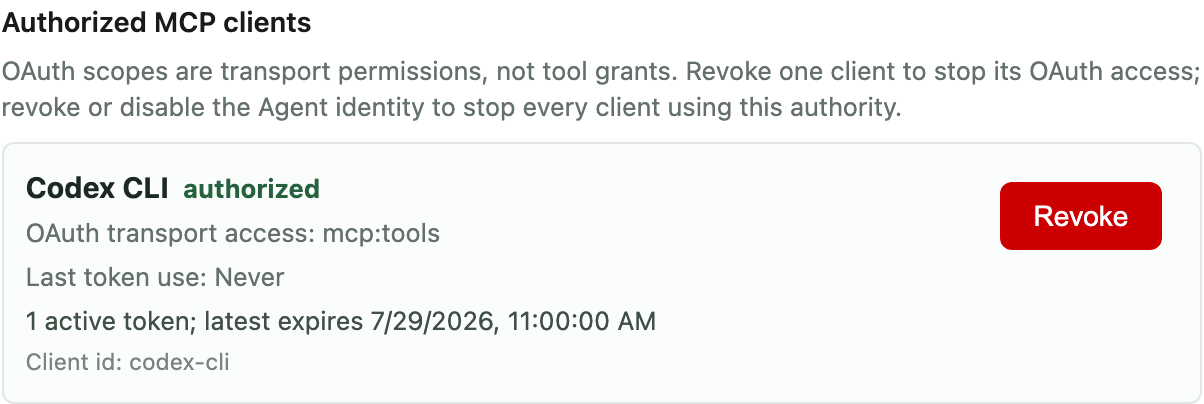 Codex CLI shown as an authorized MCP OAuth client with separately revocable transport access