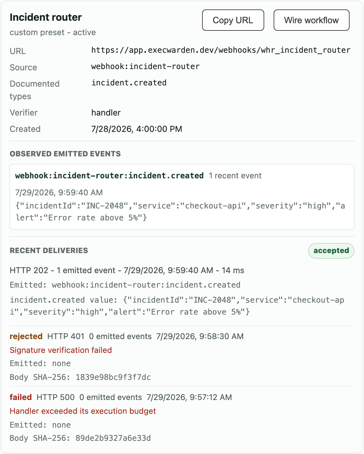 Incident router webhook receiver with an observed incident.created event and accepted, rejected, and failed deliveries