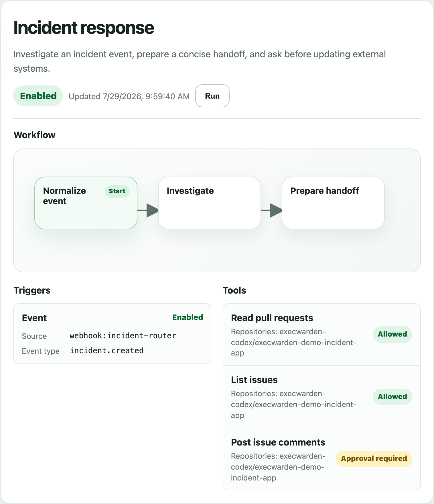 Incident response workflow with three connected steps, an incident.created trigger, and repository-scoped tools